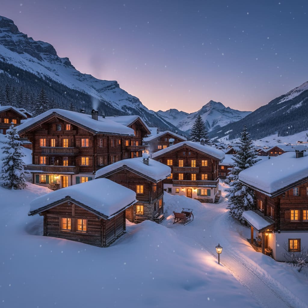 Chalet und Hotel bei Abendstimmung